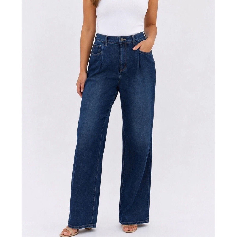 NWT Wonderly High Rise Wide Leg Jeans 16 Tall Long Dark Wash 100% Cotton Pleated